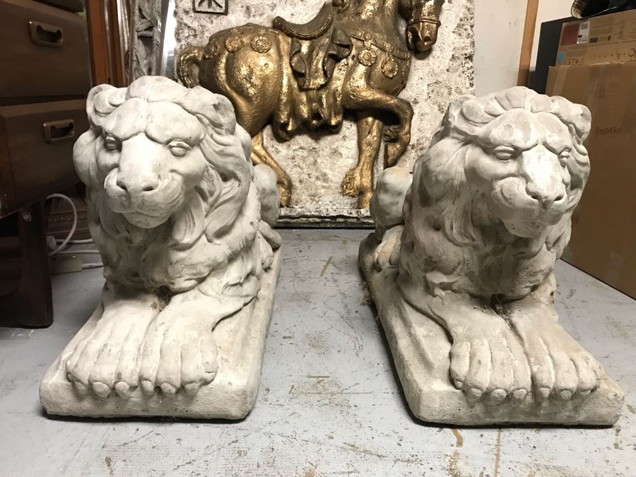 Pair Of Large Extremely Heavy Cast Cement Lions Sentinels Garden Statuary Each Measures 3'L [Photo 3]
