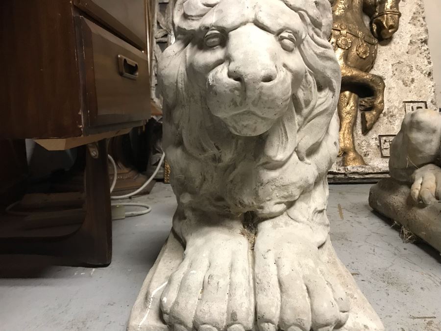 Pair Of Large Extremely Heavy Cast Cement Lions Sentinels Garden Statuary Each Measures 3'L [Photo 6]