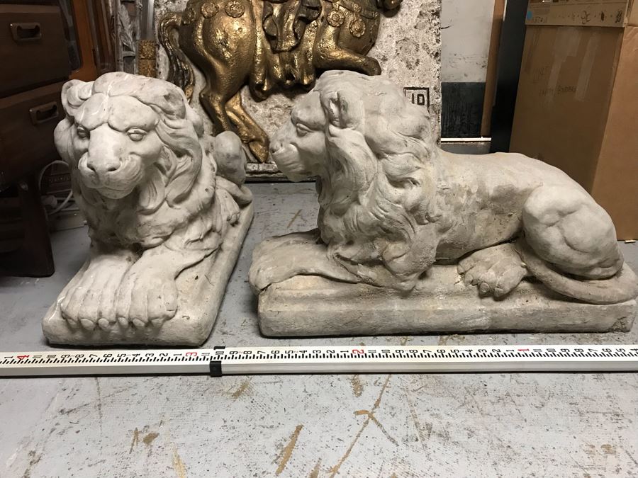 Pair Of Large Extremely Heavy Cast Cement Lions Sentinels Garden Statuary Each Measures 3'L [Photo 1]