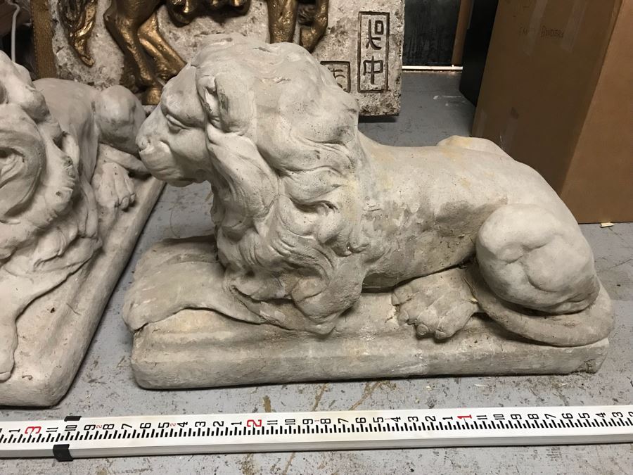 Pair Of Large Extremely Heavy Cast Cement Lions Sentinels Garden Statuary Each Measures 3'L [Photo 13]