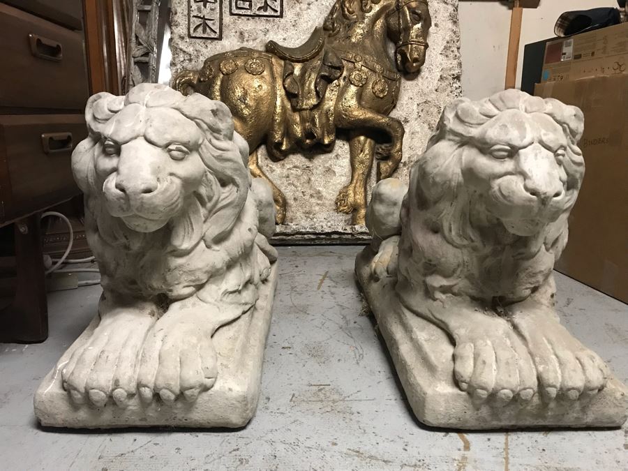 Pair Of Large Extremely Heavy Cast Cement Lions Sentinels Garden Statuary Each Measures 3'L [Photo 2]