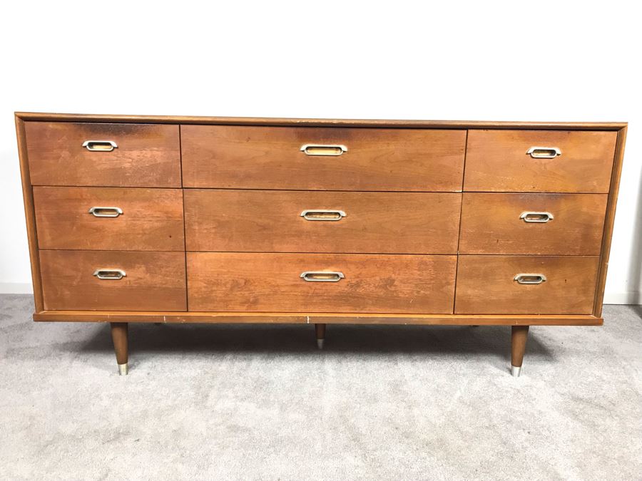 Mid-Century Modern 1962 9-Drawer Chest Of Drawers Dresser By B.P. John Furniture Corp - Needs Refinishing 64'W X 19'D X 30'H [Photo 3]