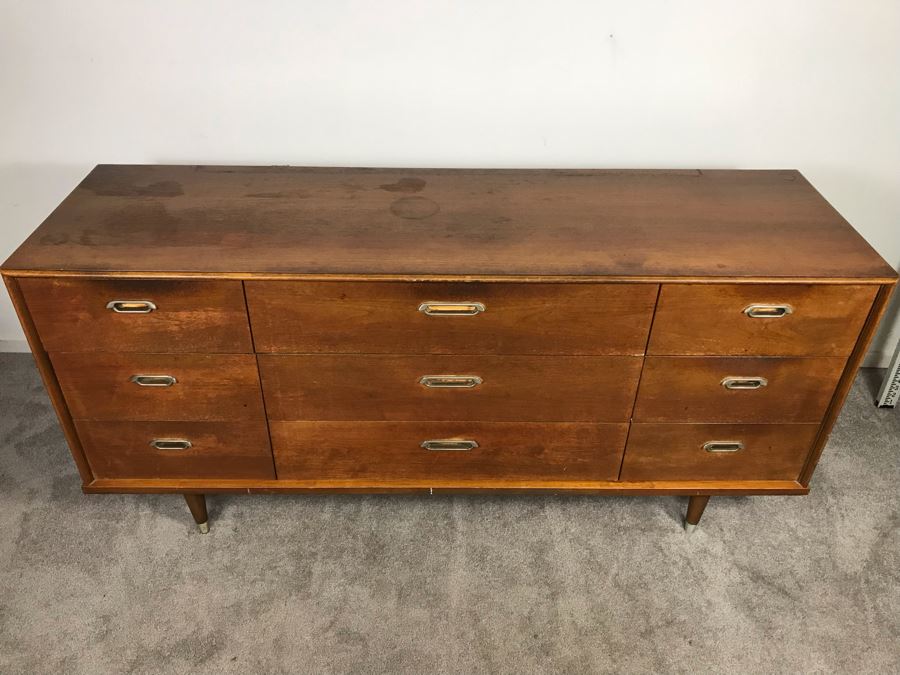 Mid-Century Modern 1962 9-Drawer Chest Of Drawers Dresser By B.P. John Furniture Corp - Needs Refinishing 64'W X 19'D X 30'H [Photo 5]