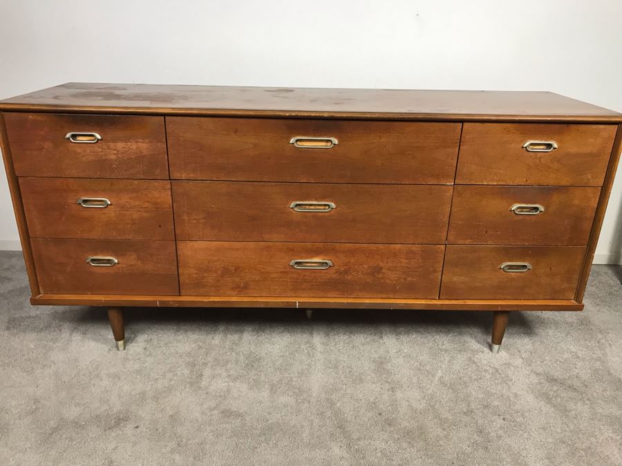 Mid-Century Modern 1962 9-Drawer Chest Of Drawers Dresser By B.P. John Furniture Corp - Needs Refinishing 64'W X 19'D X 30'H [Photo 4]