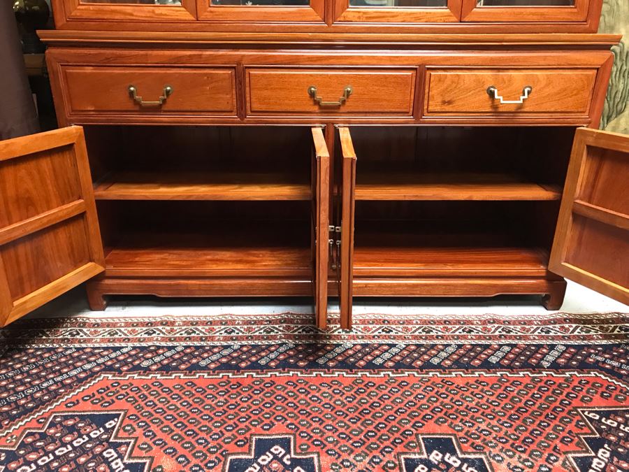 Chinese Solid Teak 2-Piece China Display Cabinet With Overhead Lighting And Brass Locks [Photo 14]