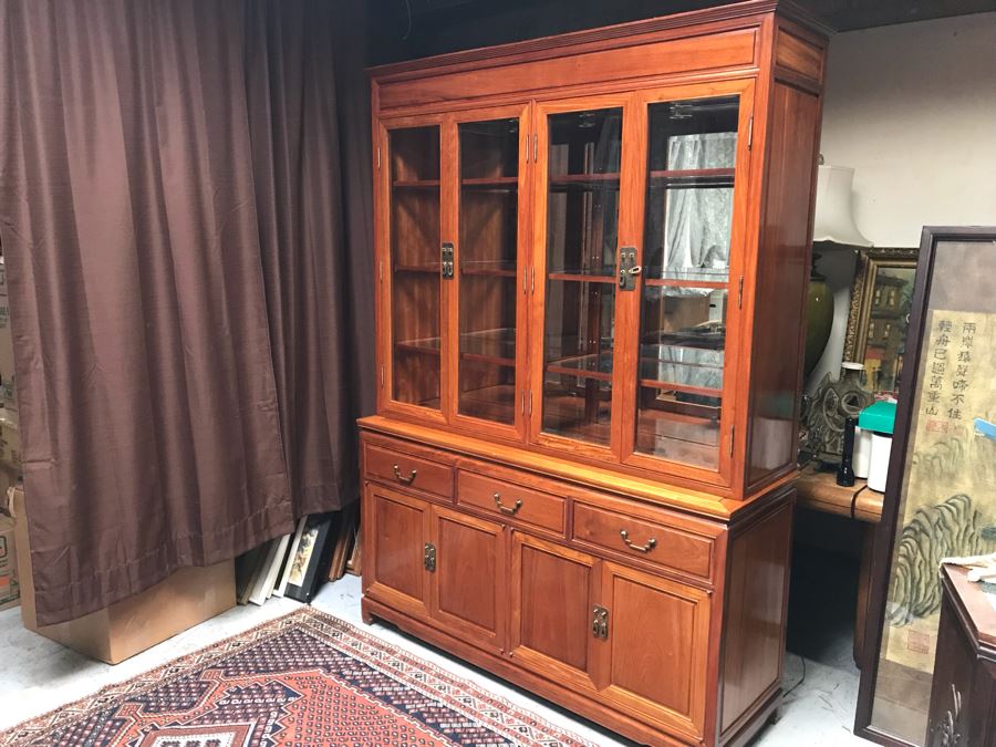 Chinese Solid Teak 2-Piece China Display Cabinet With Overhead Lighting And Brass Locks [Photo 4]