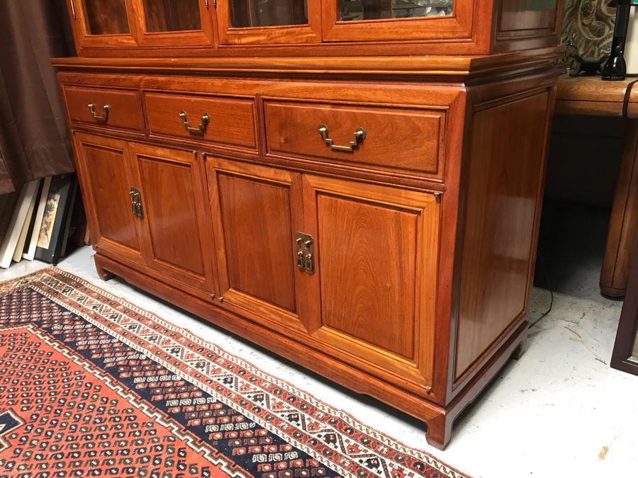 Chinese Solid Teak 2-Piece China Display Cabinet With Overhead Lighting And Brass Locks [Photo 7]