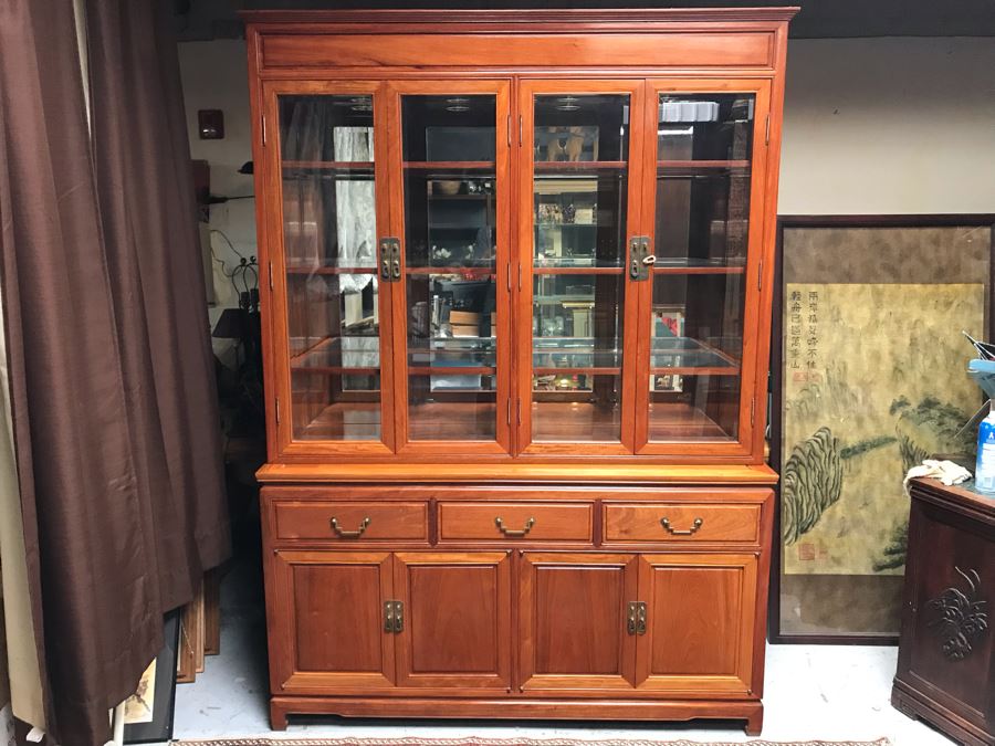 Chinese Solid Teak 2-Piece China Display Cabinet With Overhead Lighting And Brass Locks [Photo 3]