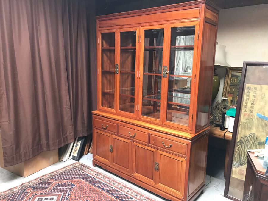 Chinese Solid Teak 2-Piece China Display Cabinet With Overhead Lighting And Brass Locks [Photo 5]