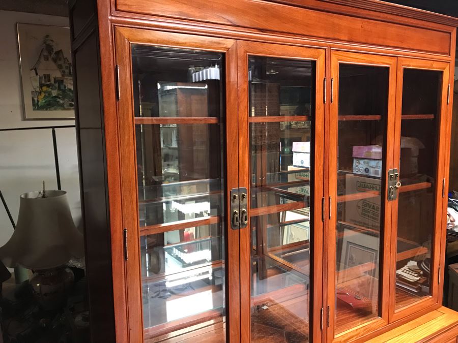 Chinese Solid Teak 2-Piece China Display Cabinet With Overhead Lighting And Brass Locks [Photo 9]