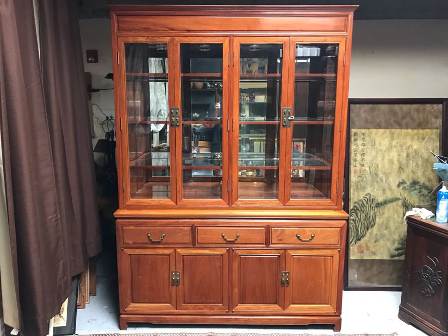 Chinese Solid Teak 2-Piece China Display Cabinet With Overhead Lighting And Brass Locks [Photo 1]