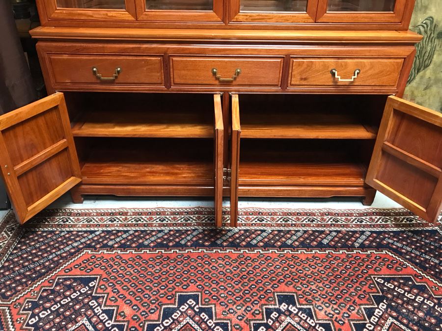 Chinese Solid Teak 2-Piece China Display Cabinet With Overhead Lighting And Brass Locks [Photo 13]
