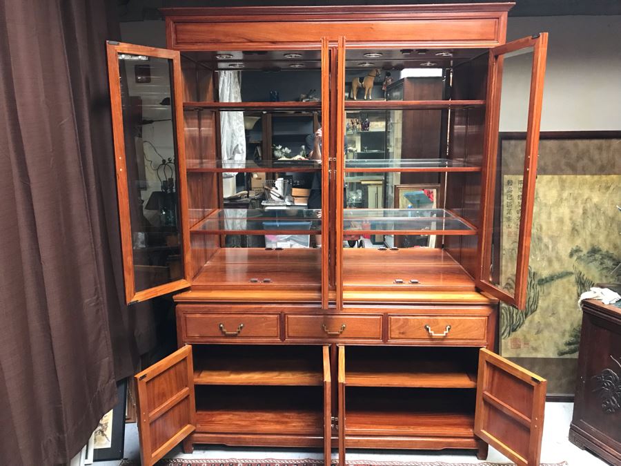 Chinese Solid Teak 2-Piece China Display Cabinet With Overhead Lighting And Brass Locks [Photo 16]