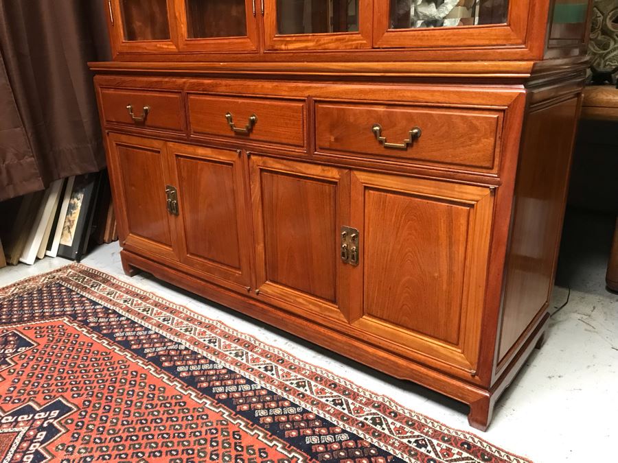 Chinese Solid Teak 2-Piece China Display Cabinet With Overhead Lighting And Brass Locks [Photo 6]