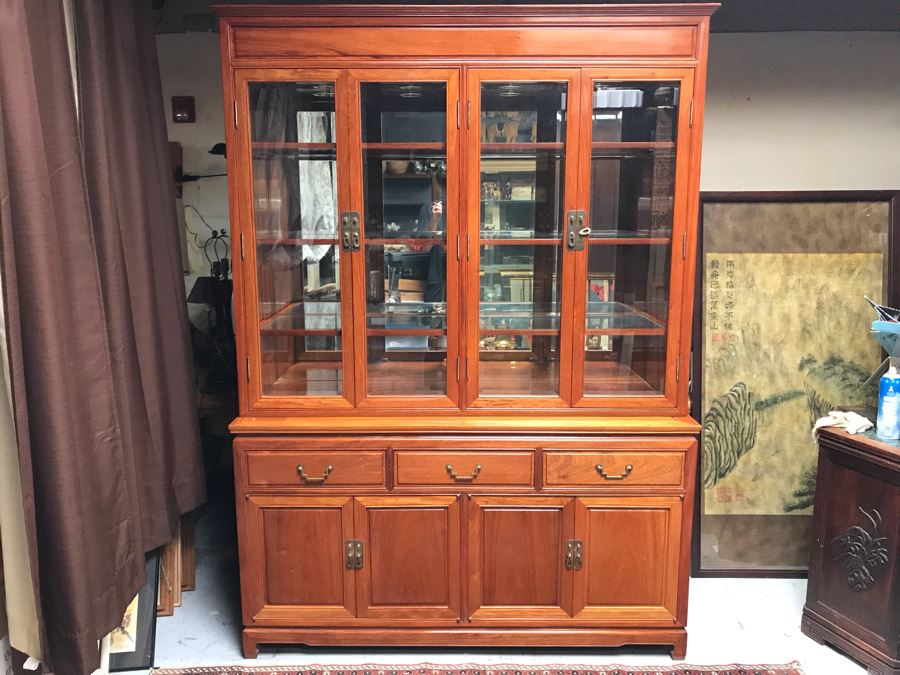 Chinese Solid Teak 2-Piece China Display Cabinet With Overhead Lighting And Brass Locks [Photo 2]