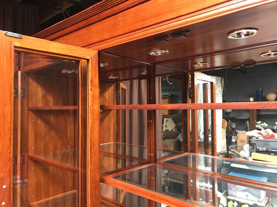 Chinese Solid Teak 2-Piece China Display Cabinet With Overhead Lighting And Brass Locks [Photo 21]