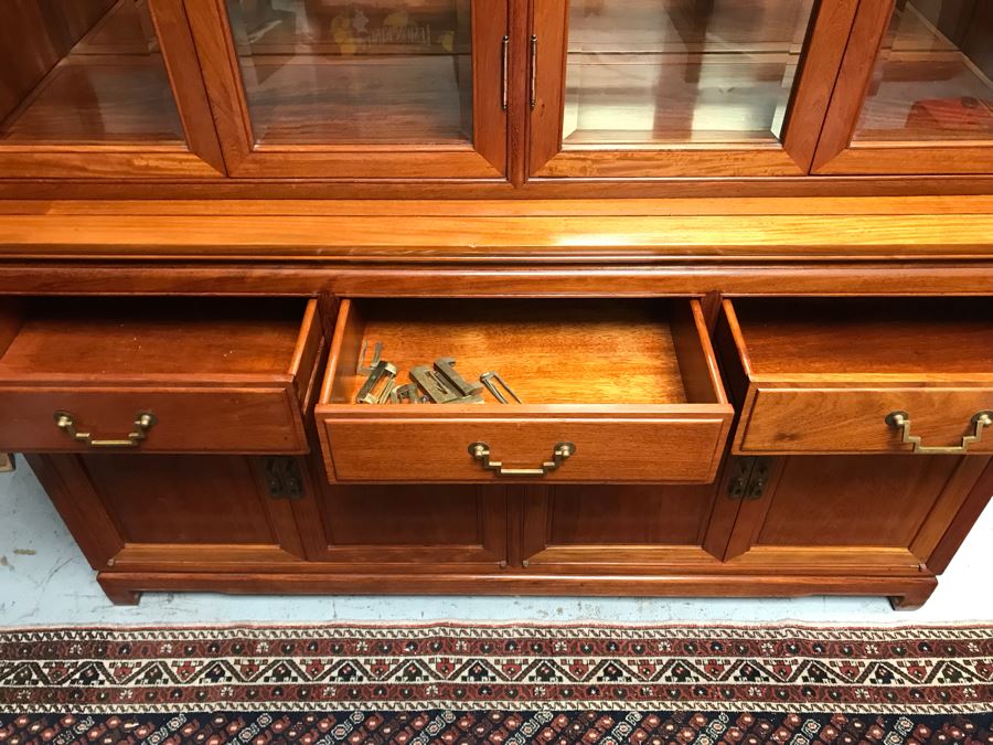 Chinese Solid Teak 2-Piece China Display Cabinet With Overhead Lighting And Brass Locks [Photo 12]
