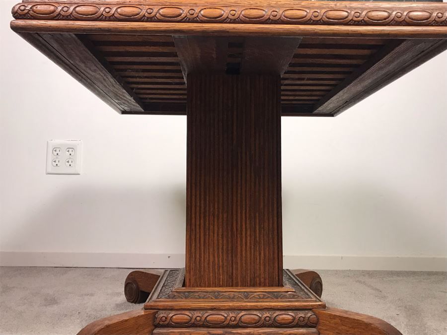 Antique Carved Oak Wood Pedestal Side Table With Solid Marble Top 25'W