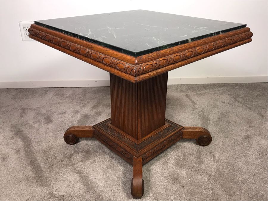 Antique Carved Oak Wood Pedestal Side Table With Solid Marble Top 25'W X 22'H [Photo 15]
