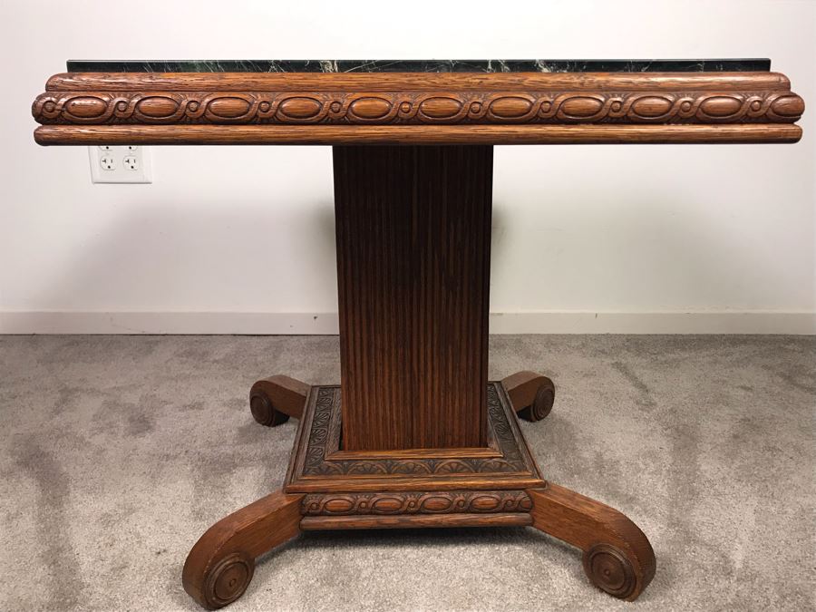Antique Carved Oak Wood Pedestal Side Table With Solid Marble Top 25'W X 22'H [Photo 9]