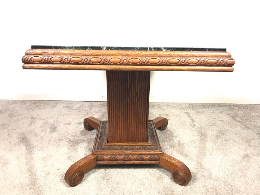 Antique Carved Oak Wood Pedestal Side Table With Solid Marble Top 25'W X 22'H [Photo 4]