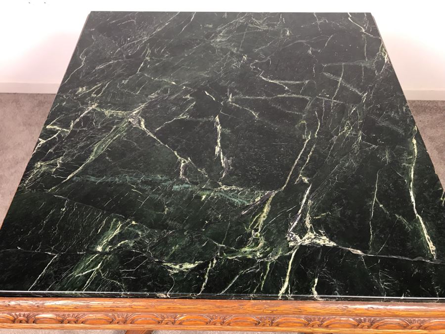 Antique Carved Oak Wood Pedestal Side Table With Solid Marble Top 25'W