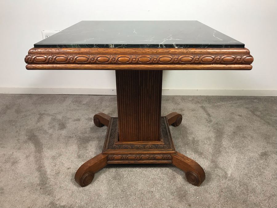 Antique Carved Oak Wood Pedestal Side Table With Solid Marble Top 25'W X 22'H [Photo 3]