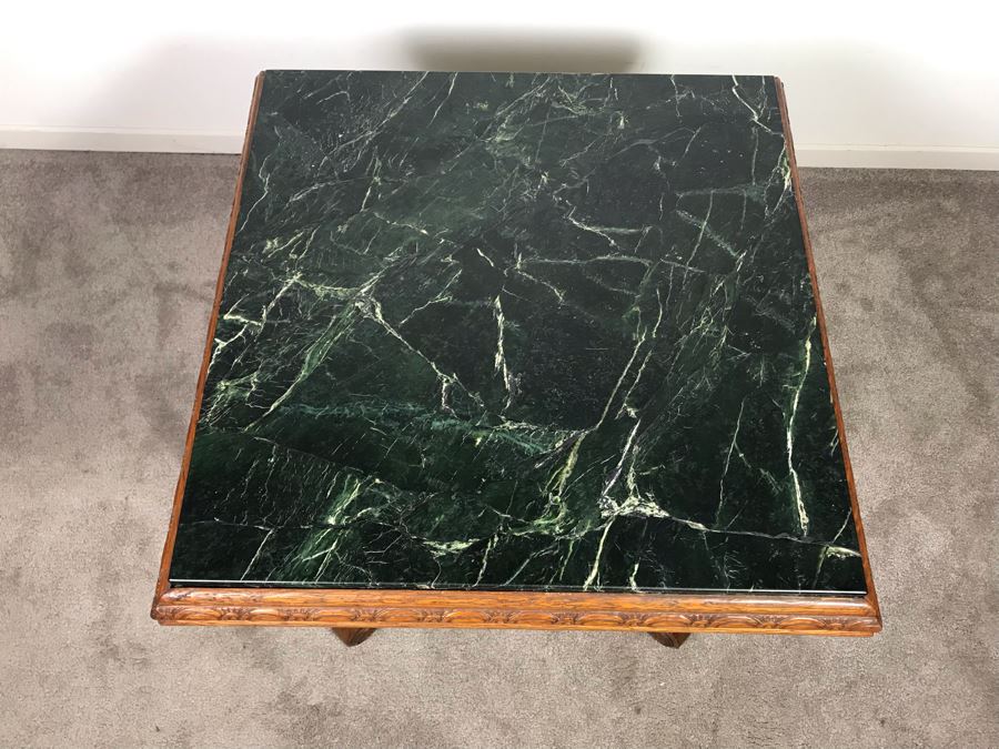 Antique Carved Oak Wood Pedestal Side Table With Solid Marble Top 25'W X 22'H [Photo 5]