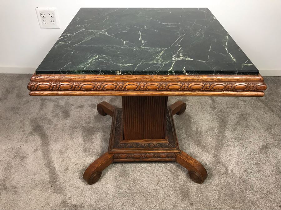 Antique Carved Oak Wood Pedestal Side Table With Solid Marble Top 25'W X 22'H [Photo 1]