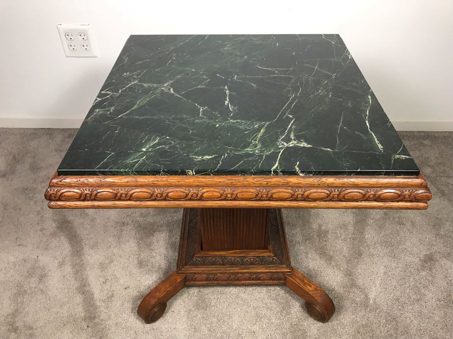 Antique Carved Oak Wood Pedestal Side Table With Solid Marble Top 25'W X 22'H [Photo 2]
