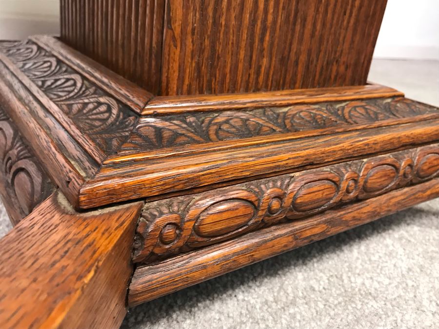 Antique Carved Oak Wood Pedestal Side Table With Solid Marble Top 25'W X 22'H [Photo 12]