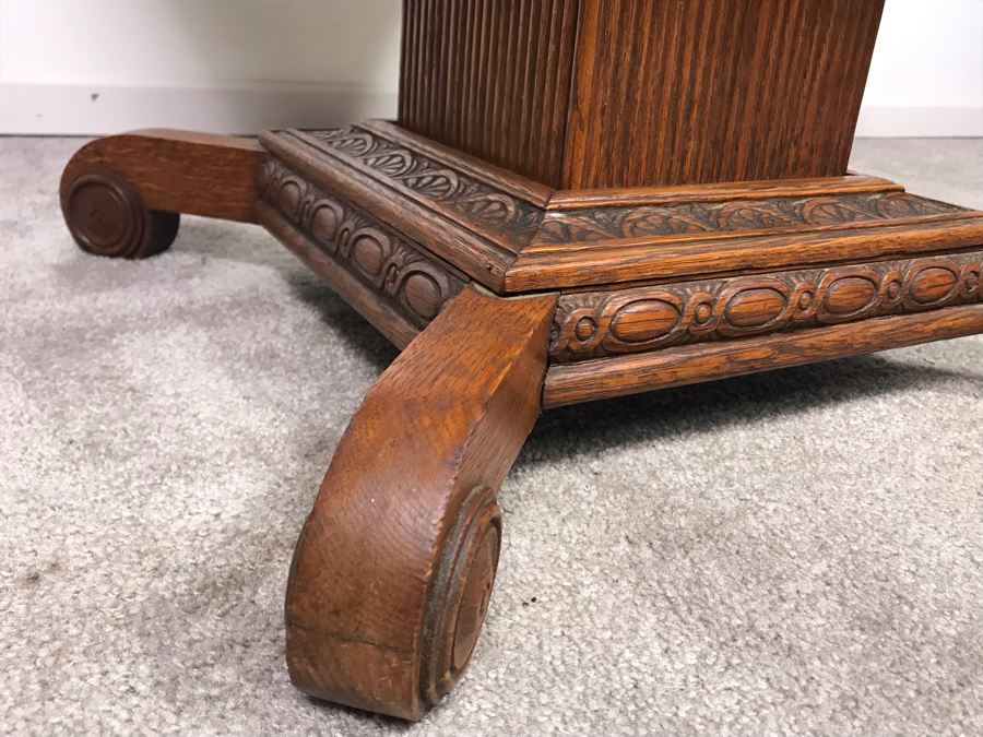 Antique Carved Oak Wood Pedestal Side Table With Solid Marble Top 25'W X 22'H [Photo 13]