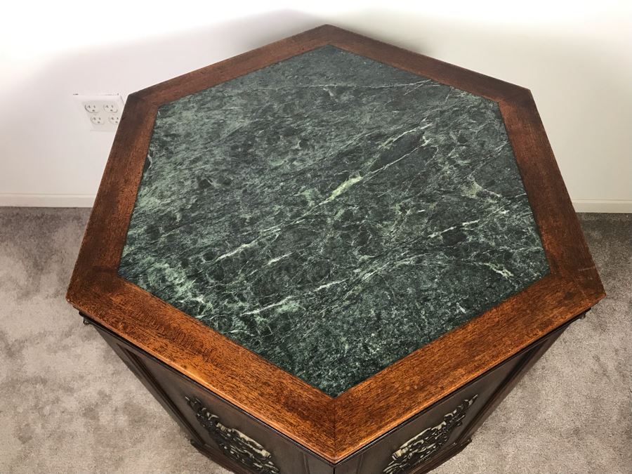 Stunning Chinese Wooden Cabinet Table With Marble Top By Ricardo Lynn & Co Featuring (6) Relief Carved Scenes Of Dragons And Flowers 24'W X 30'H [Photo 4]