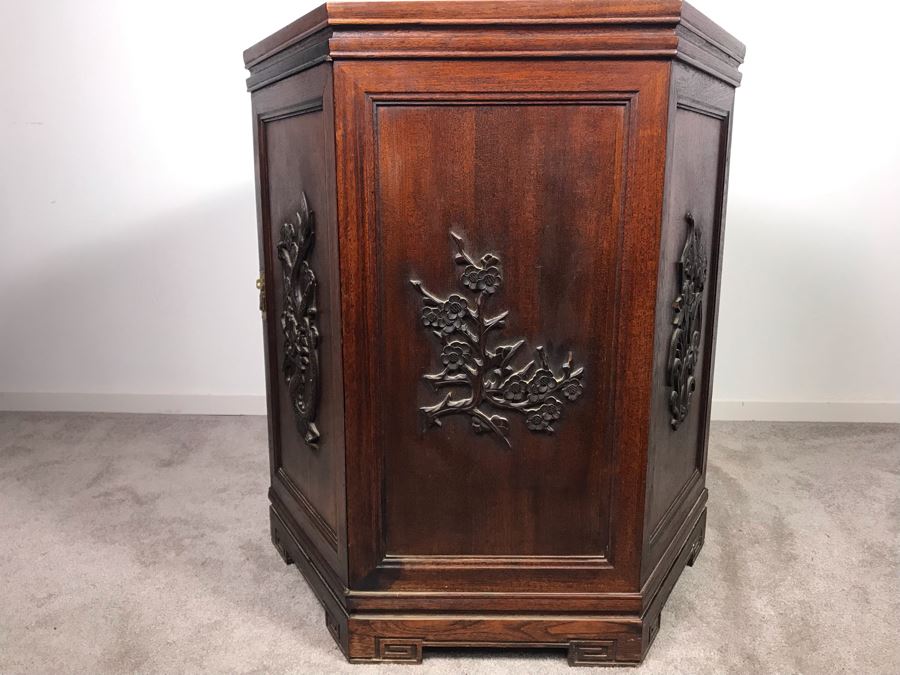 Stunning Chinese Wooden Cabinet Table With Marble Top By Ricardo Lynn & Co Featuring (6) Relief Carved Scenes Of Dragons And Flowers 24'W X 30'H [Photo 17]