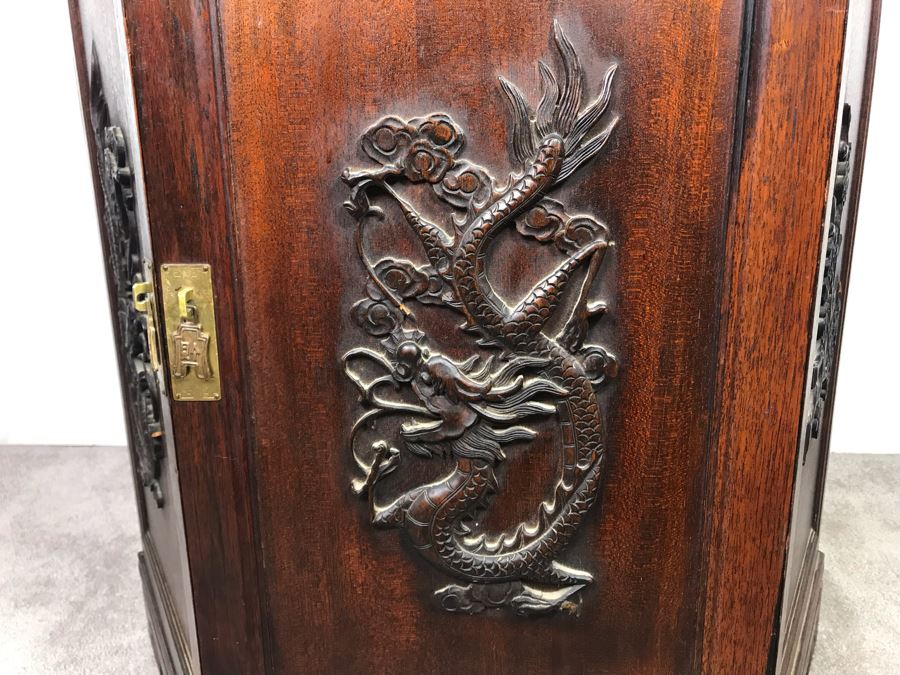 Stunning Chinese Wooden Cabinet Table With Marble Top By Ricardo Lynn & Co Featuring (6) Relief Carved Scenes Of Dragons And Flowers 24'W X 30'H [Photo 15]