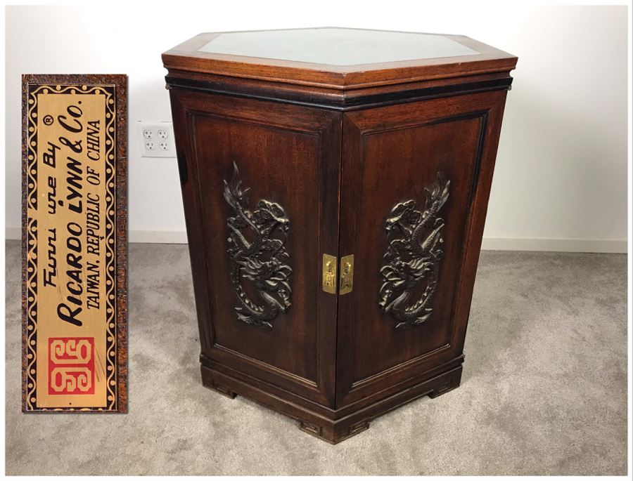 Stunning Chinese Wooden Cabinet Table With Marble Top By Ricardo Lynn & Co Featuring (6) Relief Carved Scenes Of Dragons And Flowers 24'W X 30'H [Photo 1]