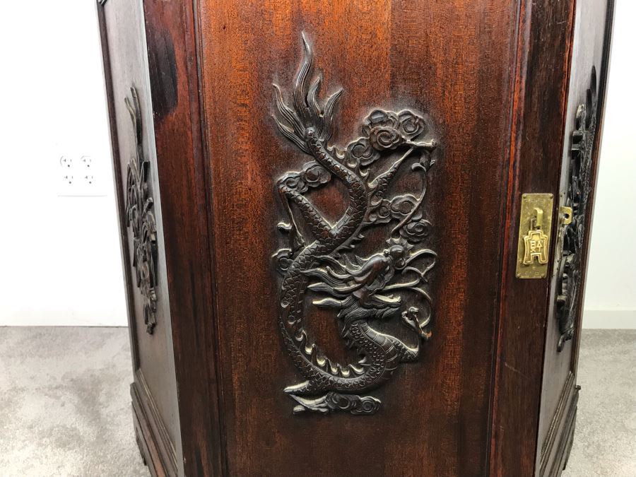 Stunning Chinese Wooden Cabinet Table With Marble Top By Ricardo Lynn & Co Featuring (6) Relief Carved Scenes Of Dragons And Flowers 24'W X 30'H [Photo 8]