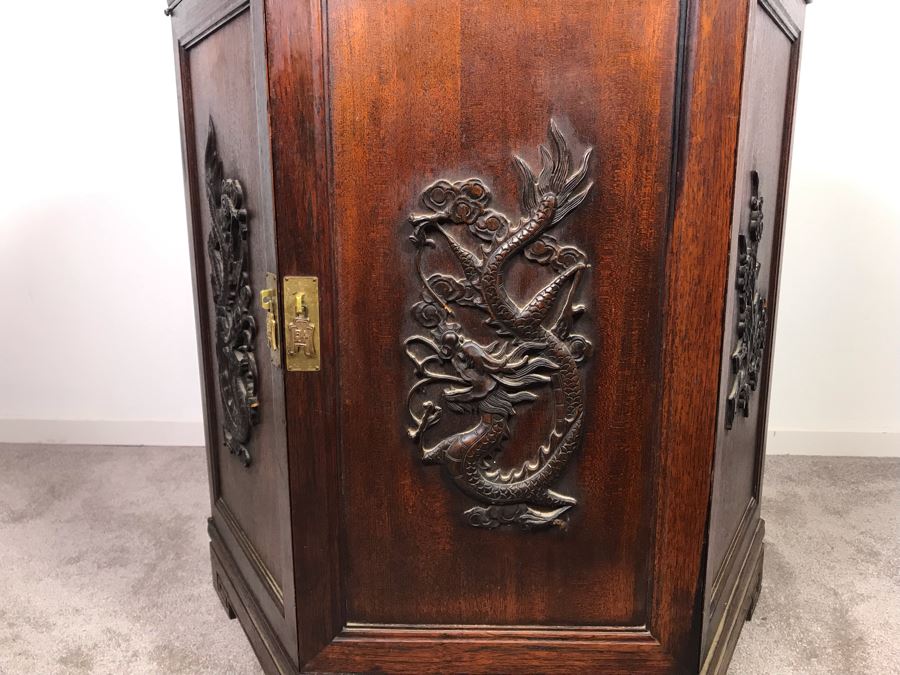 Stunning Chinese Wooden Cabinet Table With Marble Top By Ricardo Lynn & Co Featuring (6) Relief Carved Scenes Of Dragons And Flowers 24'W X 30'H [Photo 14]