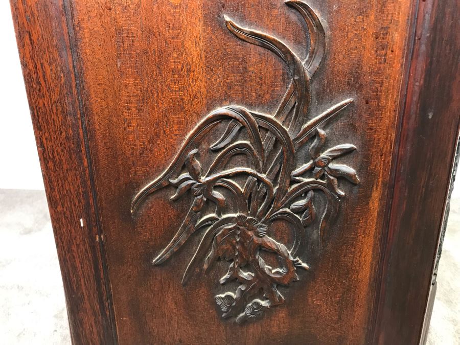 Stunning Chinese Wooden Cabinet Table With Marble Top By Ricardo Lynn & Co Featuring (6) Relief Carved Scenes Of Dragons And Flowers 24'W X 30'H [Photo 24]