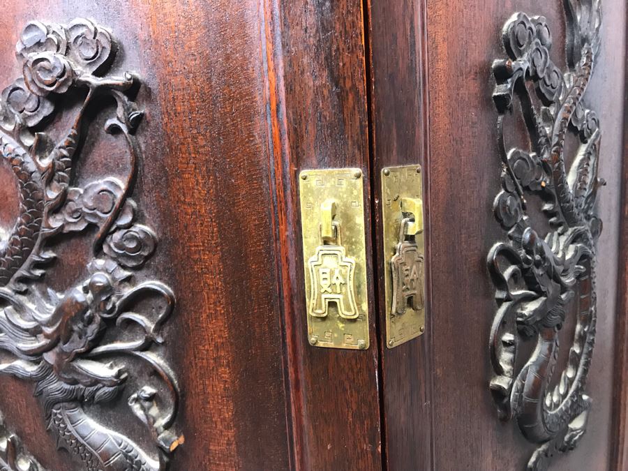 Stunning Chinese Wooden Cabinet Table With Marble Top By Ricardo Lynn & Co Featuring (6) Relief Carved Scenes Of Dragons And Flowers 24'W X 30'H [Photo 12]