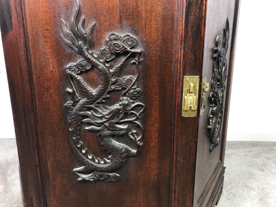 Stunning Chinese Wooden Cabinet Table With Marble Top By Ricardo Lynn & Co Featuring (6) Relief Carved Scenes Of Dragons And Flowers 24'W X 30'H [Photo 10]