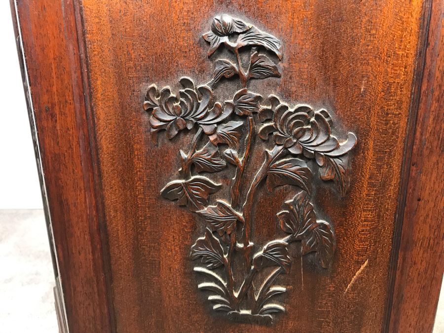 Stunning Chinese Wooden Cabinet Table With Marble Top By Ricardo Lynn & Co Featuring (6) Relief Carved Scenes Of Dragons And Flowers 24'W X 30'H [Photo 22]