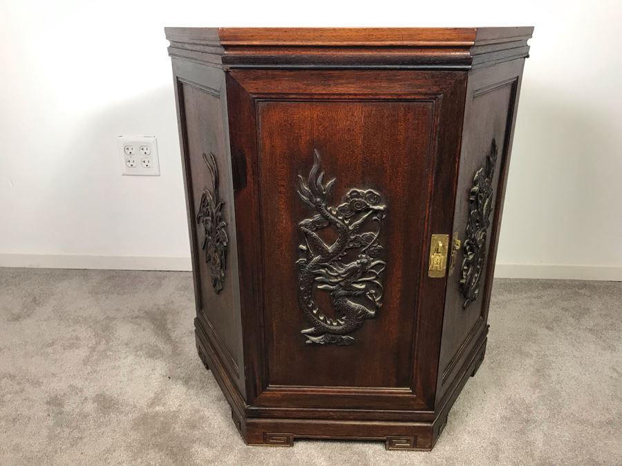 Stunning Chinese Wooden Cabinet Table With Marble Top By Ricardo Lynn & Co Featuring (6) Relief Carved Scenes Of Dragons And Flowers 24'W X 30'H [Photo 7]