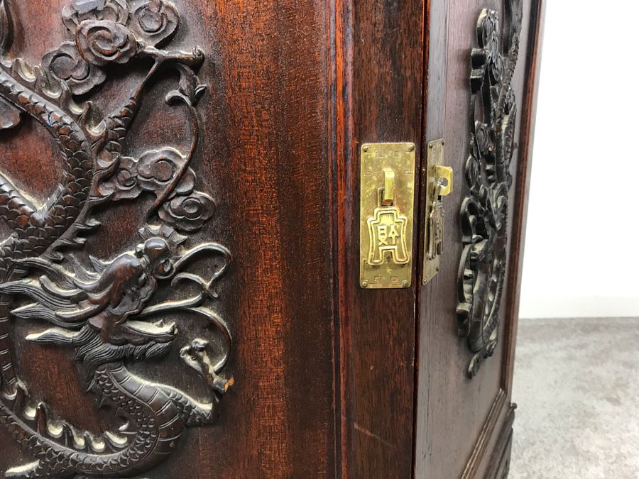 Stunning Chinese Wooden Cabinet Table With Marble Top By Ricardo Lynn & Co Featuring (6) Relief Carved Scenes Of Dragons And Flowers 24'W X 30'H [Photo 9]