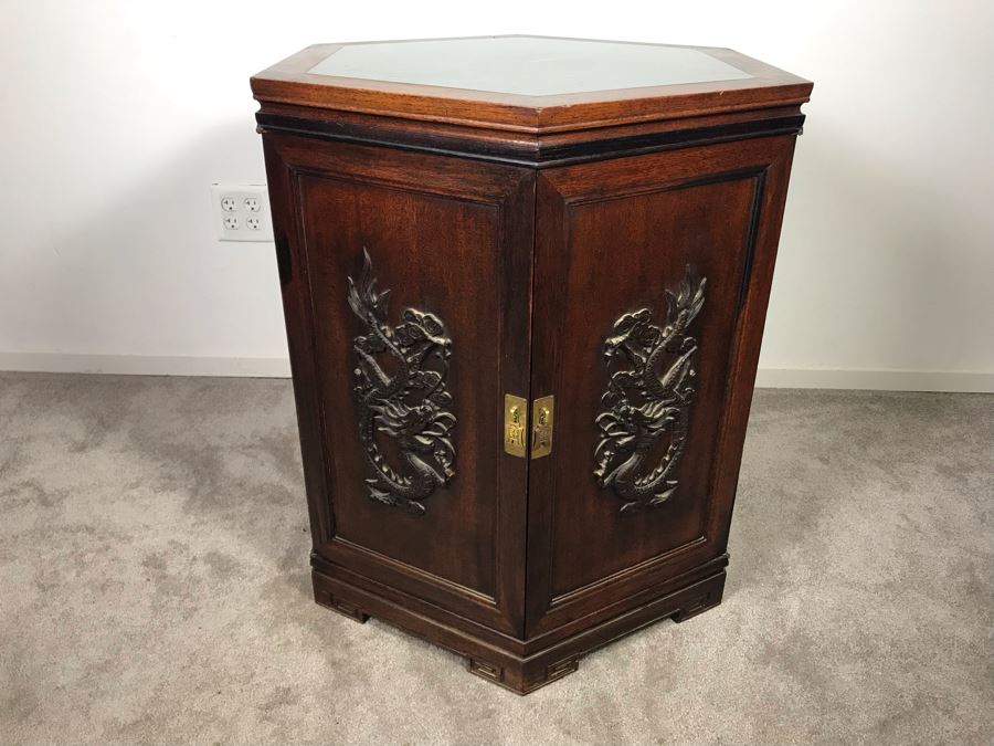 Stunning Chinese Wooden Cabinet Table With Marble Top By Ricardo Lynn & Co Featuring (6) Relief Carved Scenes Of Dragons And Flowers 24'W X 30'H [Photo 2]