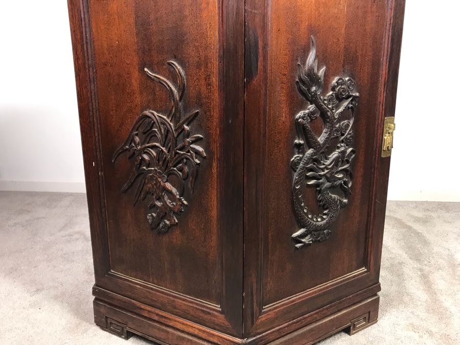 Stunning Chinese Wooden Cabinet Table With Marble Top By Ricardo Lynn & Co Featuring (6) Relief Carved Scenes Of Dragons And Flowers 24'W X 30'H [Photo 26]