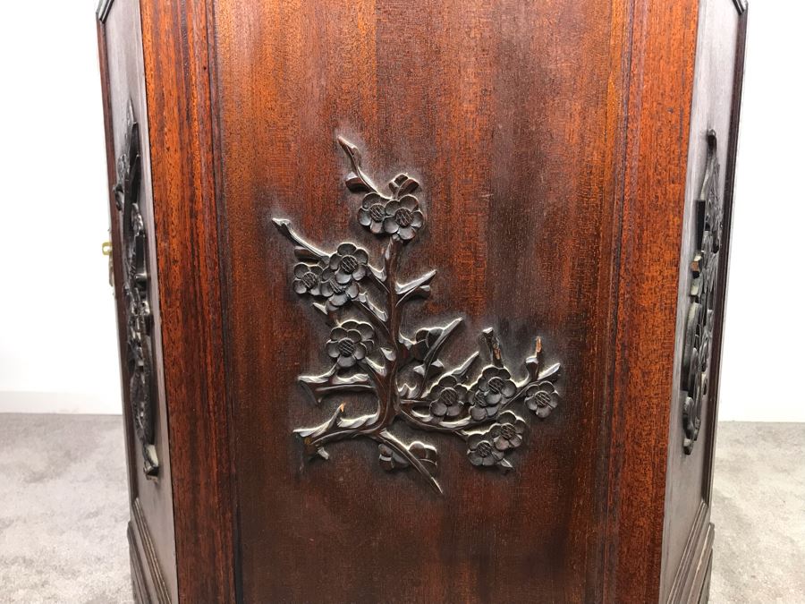 Stunning Chinese Wooden Cabinet Table With Marble Top By Ricardo Lynn & Co Featuring (6) Relief Carved Scenes Of Dragons And Flowers 24'W X 30'H [Photo 16]