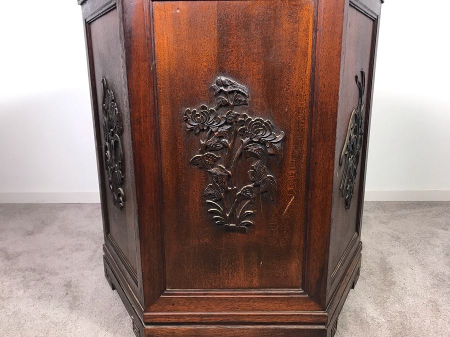 Stunning Chinese Wooden Cabinet Table With Marble Top By Ricardo Lynn & Co Featuring (6) Relief Carved Scenes Of Dragons And Flowers 24'W X 30'H [Photo 21]
