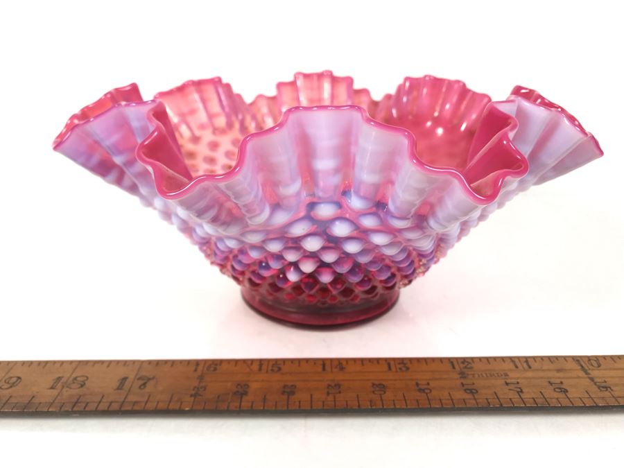 Fluted Hobnail Glass Vase With Floral Pin Frog