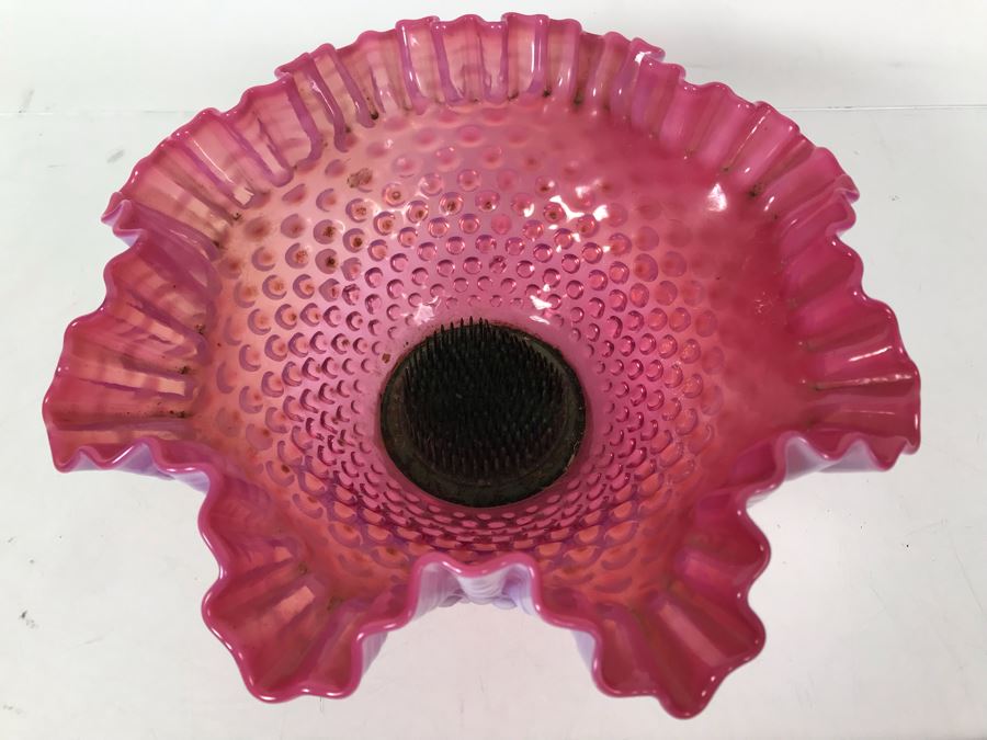 Fluted Hobnail Glass Vase With Floral Pin Frog [Photo 2]